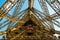 Elevator shaft on the eiffel tower in a wide angle shot.