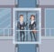 Elevator talk. Businessmen dialogue in elevator business conversation vector cartoon characters