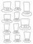 Eleven hand-drawn hats and top hats black outline white isolated vector illustration