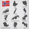 Eleven Maps Regions of Norway- alphabetical order with name. Every single map of  County are listed and isolated with wordings and