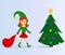 An elf in a Christmas hat  carries a Christmas sack  to a Christmas tree