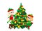 Elf girls decorate the Christmas tree. Children are dressed in traditional red and green clothes. Christmas characters design in.
