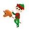 An elf rides a toy horse on a stick. The boy waves hello he is happy. The child is wearing traditional elf clothing.