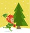 Elf Running with Giftbox Passing Pine Tree Spruce