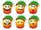 Elf smileys christmas character vector set. Elfs smiley characters in sleeping, eating and naughty facial expressions for xmas.