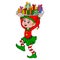 Elf. Smiling gnome in costume carries group of colorful wrapped gift boxes with ribbons. Cartoon elf holding boxes with presents.