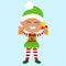 The elf stands straight and holding a bell in his hand. The child is happy and smiling and he is delighted.