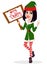 Elf woman holding placard with greetings. Happy smiling cartoon character.