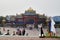 Elista, Russia - October 26, 2019: Entrance in buddhist temple in the fog on a summer, spring or autumn day. Buddhism in Russia in