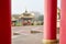 Elista, Russia - October 26, 2019: Entrance in buddhist temple in the fog on a summer, spring or autumn day. Buddhism in Russia in