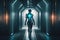 elite future cyborg walking along illuminated corridor in virtual futuristic virtual world