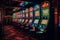 Elite room in the luxury vip casino with rows of gambling slots machine with bright neon colors. Generative AI