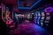 Elite room in the luxury vip casino with rows of gambling slots machine with bright neon colors. Generative AI