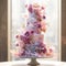 Elite wedding cake with a mix of fresh flowers, many levels, on a light background with space for text. Big stylish wedding cake.