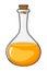 Elixir in glass bottle. Orange magic potion illustration isolated on white. Flask with chemical substance with bubble. Medicine or