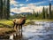 Elk walking along a river