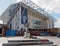 elland road football stadium the home of leeds united witth bremner square decorated with team scarves and shirts on the day after