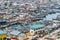 Elmina, Ghana - February 13, 2014: Colorful moored wooden fishing boats in African harbor town Elmina