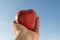 Elongated hand of a man holding a red apple against a sky