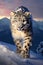 An elusive snow leopard navigating through a snowy mountainscape under the twilight sky