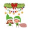 Elves couple with gift bag and garland with christmas balls