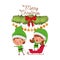 Elves couple with sleigh and garland with christmas balls