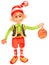 Elves preparing Christmas pine evergreen tree for winter holiday . Gnome wearing costume standing on ladder decorating