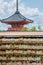 Ema, traditional wooden prayer boards in front of pagoda of Kiyomizu-dera