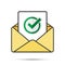 Email with document and round green check mark icon. successful verification concepts. Vector email icon