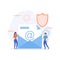 Email encryption. Two people stand near big envelope, letter with shield