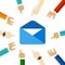 Email envelope sending online digital message icon newsletter hand pointing team focus on concept discus