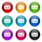 Email, envelope vector icons, set of colorful glossy 3d rendering ball buttons in 9 color options