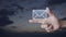 Email flat icon on finger over sunset sky, Business contact us concept