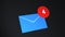 Email icon with red counter on black background. E-mail notification with counter. Inbox e-mail symbol