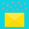 Email icon. Yellow paper envelope. Love letter template with pink flying hearts. New message sign symbol. Unread notification. Fla