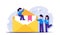 Email marketing concept. People stand near an open letter with a paper document inside. Modern flat vector illustration.