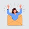 Email search, open new mail envelope. The cute cartoon woman checks the email, opened the envelope, and celebrating.