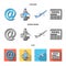 Email symbol, courier with parcel, postal airplane, pack of newspapers.Mail and postman set collection icons in cartoon