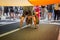 Emale pride participant doing contortion under a giant rainbow gay flag during the Belgrade Gay Pride.