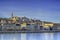 Embankment of the Danube River in Pest, Budapest, Hungary. Winter sunlight cityscape