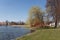 Embankment of lake Malaren with typical swedish red building in a sunny day, Mariefred, Sweden.