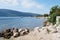 The embankment of Montenegro. Beach. Coastline, beach. Palm trees. Rocky beach.