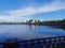 The embankment of the Salakka - Lahti Bay, in the city of Vyborg against the blue sky