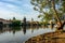 Embankment of the Vltava River with a view of the Charles Bridge in Prague, Czech Republic