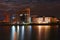 Embankments of the Chelyabinsk: night view of the Miass river and business centers Petrovsky, Pavlovsky and Newton