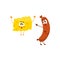 Embarrassed frankfurter sausage character pointing to funny cheese chunk