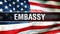 Embassy on a USA flag background, 3D rendering. United States of America flag waving in the wind. Proud American Flag Waving,