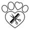 Emblem animal grooming with comb and scissors in the shape of a dog paws