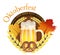 Emblem Beer Festival Oktoberfest in Germany for poster or banner with with fresh lager beer, barrel and pretzel, maple leafs. Vect