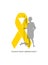 Emblem for a childhood cancer awareness month, picturing little bold head patient with drip stand, standing behind big yellow ribb